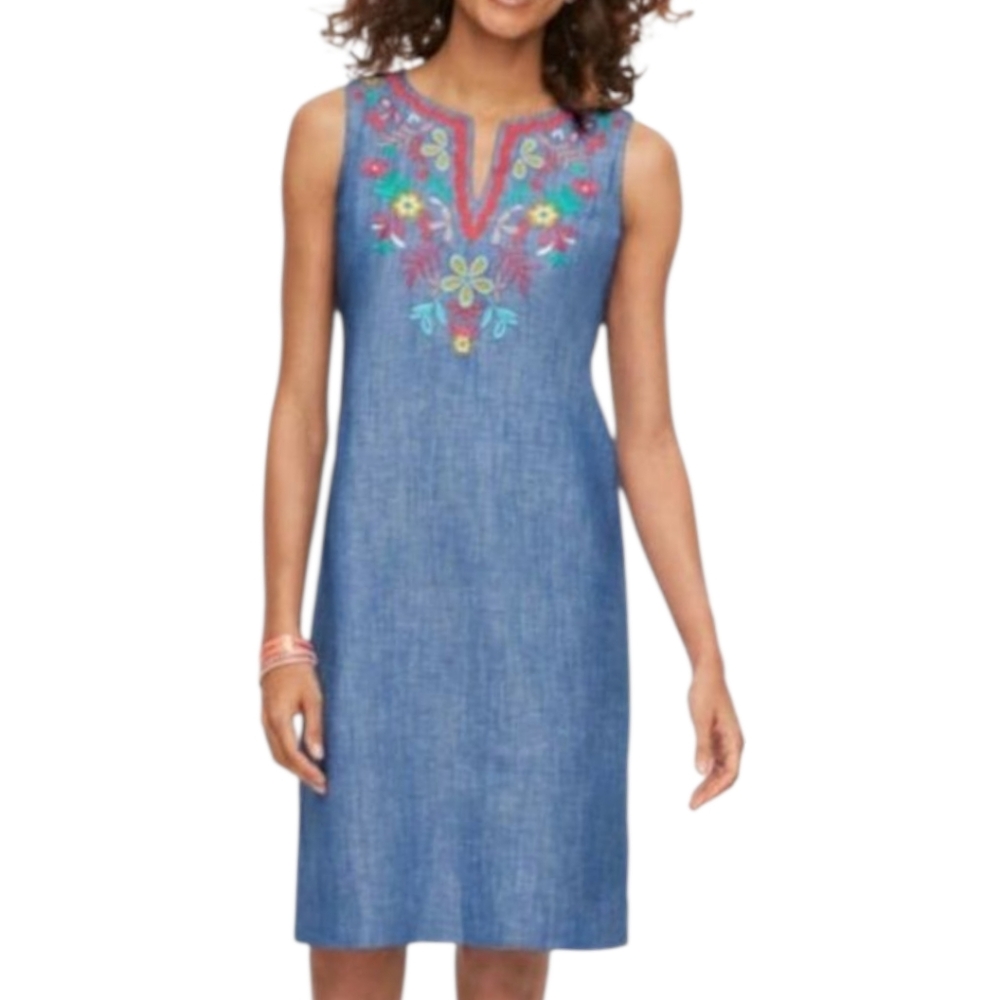 Talbots Linen Blend‎ Blue Sleeveless Dress Floral Embroidery 14